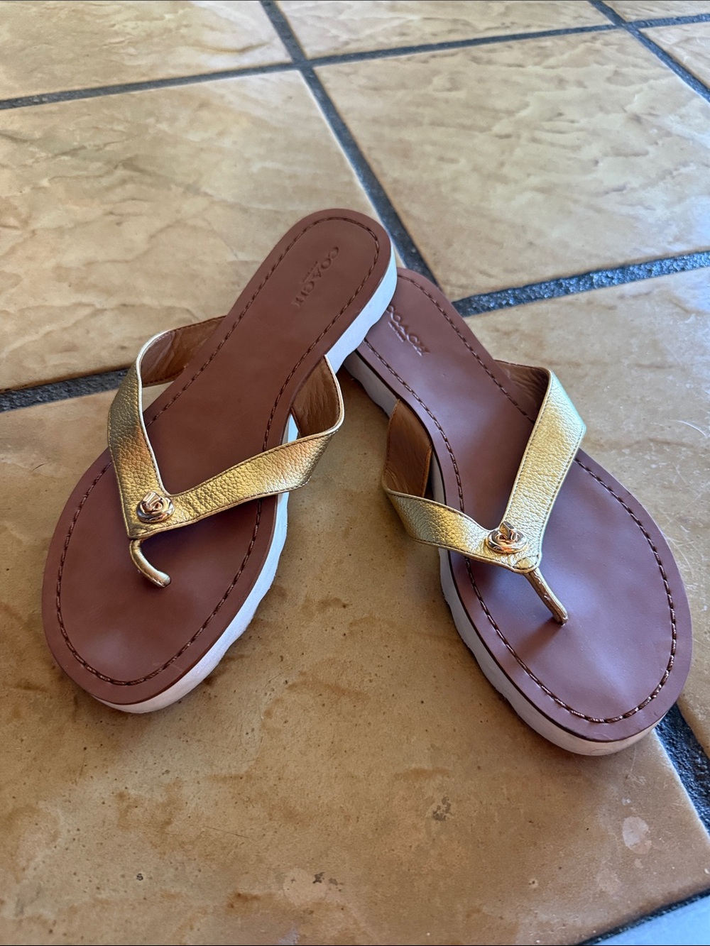 Coach Gold Leather Thong Sandals with Brown Footbed